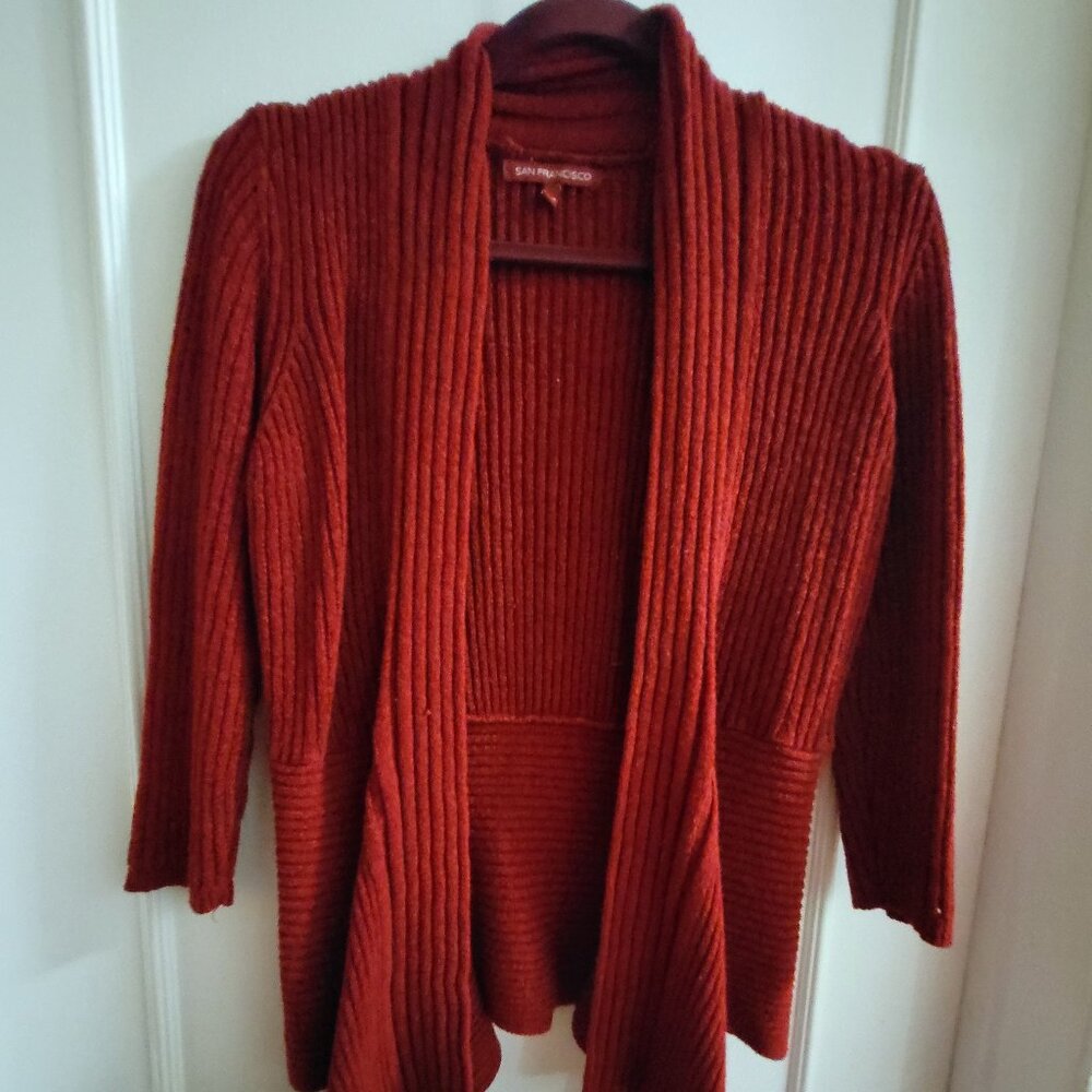 San Francisco Red Ribbed Knit Waterfall Open Front Cardigan - Small